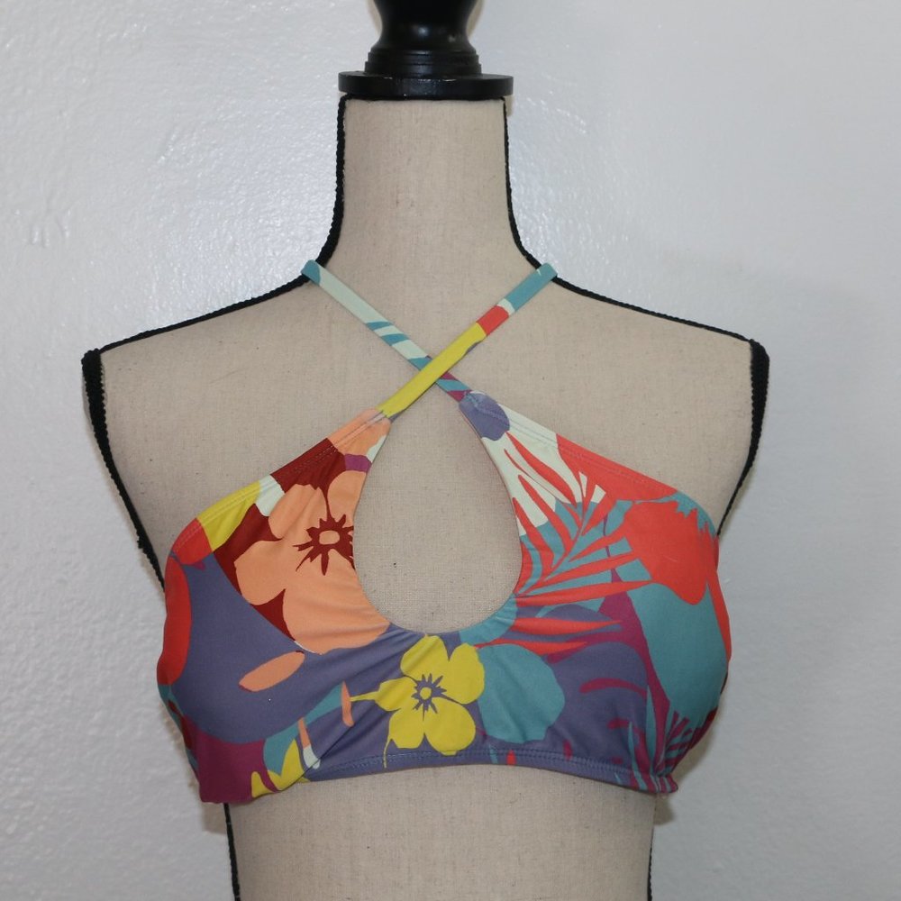 Mae Tropical Floral Print Halter Bikini Top - Size Large